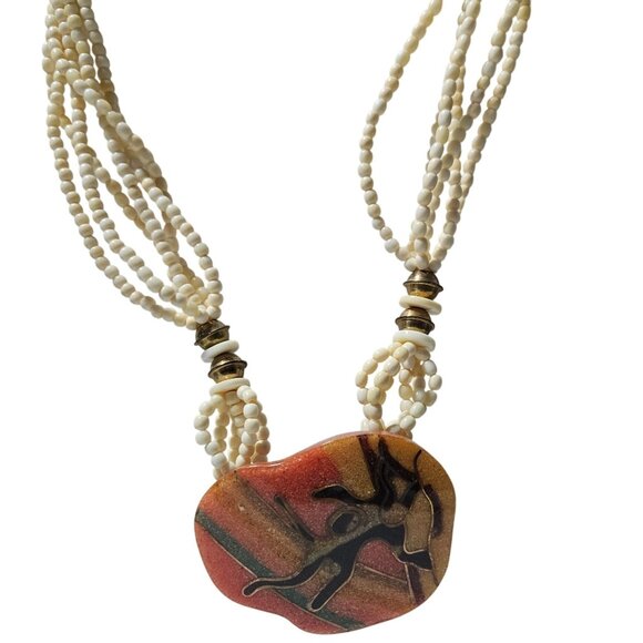 Handcrafted Multi Strand Chunky Beaded Necklace Unique Tribal Abstract Pendant - Picture 1 of 8
